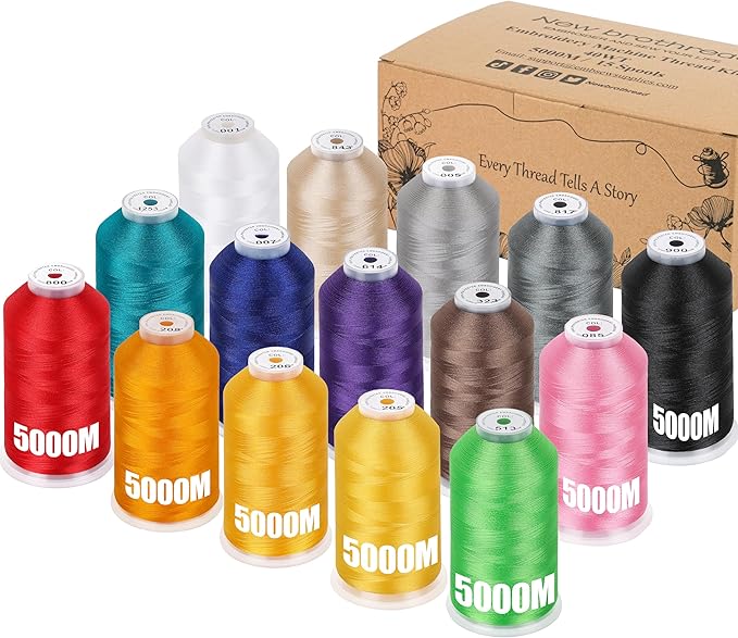 New brothreads - 15 Starter Colors of Huge Spool 5000M Polyester Embroidery Machine Thread for Commercial and Domestic Embroidery Machines