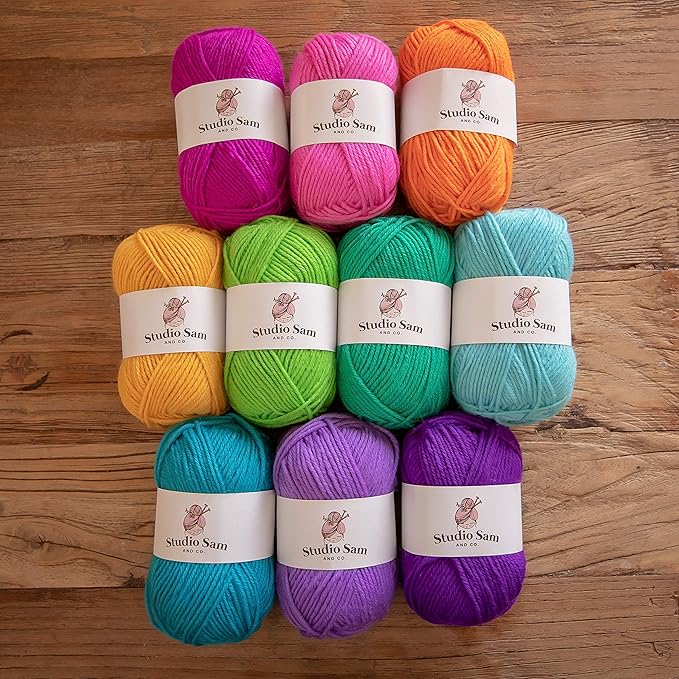 Studio Sam Acrylic Yarn Set. Ten Large 50g Skeins. Total 1030 Yards. for All Knitting, Crochet and Craft Projects. Bright and Colorful. (Confetti Collection)