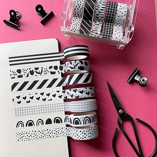 Washi Tape Set of 12 Rolls of 15 mm Wide Cute Decorative Washi Tape for Journaling, Scrapbook, Washy Crafts, Bullet Journals, Planners, DIY Décor, Craft Supplies For Adults & Kids (Black and White)