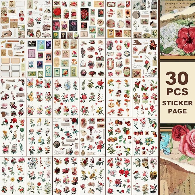 Vintage Flowers Scrapbook Stickers with 400 Pre-Cut journaling Sticker 20 Scrapbook Paper washi Stickers for Journaling Floral Scrapbooking Sticker