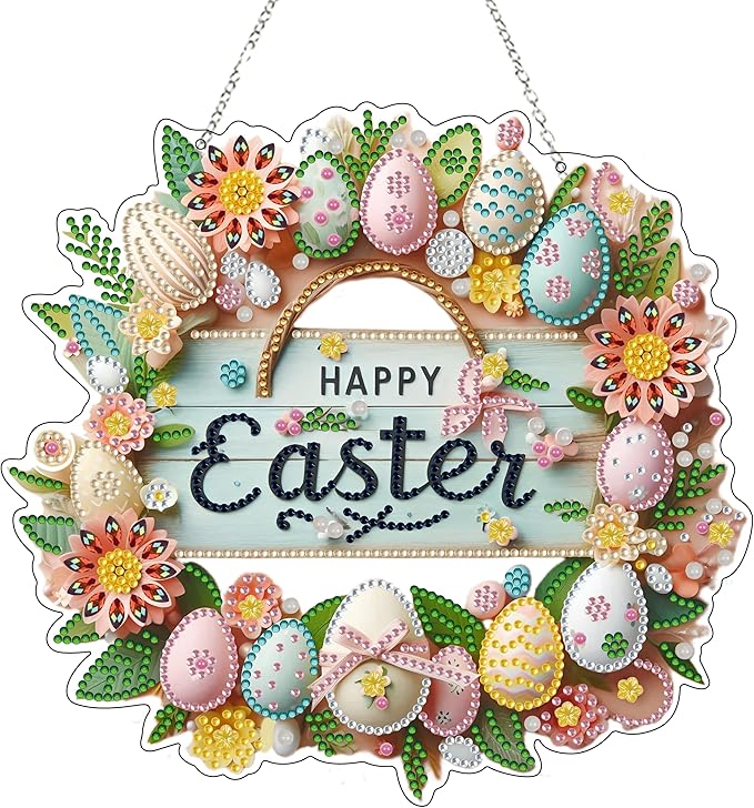 JJFox Diamond Art Hanging Kit for Adult,Special Shaped Rhinestone,DIY Acrylic 5D Diamond Art Painting Window Pendants Home Garden Wall Hanging Kits Hanging Ornament,Double Sided. (Happy Easter-2)