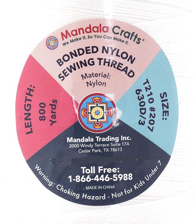 Mandala Crafts Size 207 630D T210 Bonded Nylon Thread - White 800 YDs Tex 210 Heavy Duty Sewing Threads for Leather, Jeans, Weaving, Outdoor Marine Upholstery