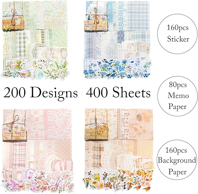 wmhanler 400 sheets scrapbook papers journaling stickers scrapbooking supplies kit junk journal supplies decorative craft stickers for planner, bullet journal collage card embellishment retro crafts