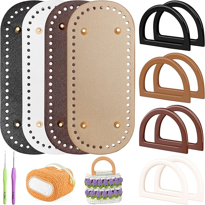 Coitak 4+8 PCS Bag Bases for Crochet with D Shape Purse Handles for Bag Making, 2 PCS Crochet Hooks, 4 Colors Leather Purse Bottoms for Crocheting DIY