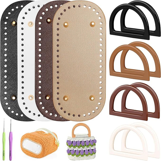 Coitak 4+8 PCS Bag Bases for Crochet with D Shape Purse Handles for Bag Making, 2 PCS Crochet Hooks, 4 Colors Leather Purse Bottoms for Crocheting DIY