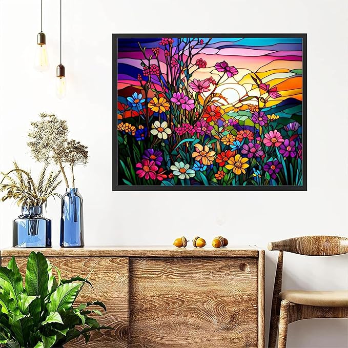 Flower Paint by Numbers for Adults with Framed Canvas-with Wooden Easel,Paint by Number on Canvas Stained Glass,DIY Acrylic Oil Painting Kits with Brushes Nice Gift Box for Home Wall Decor(16x20inch)