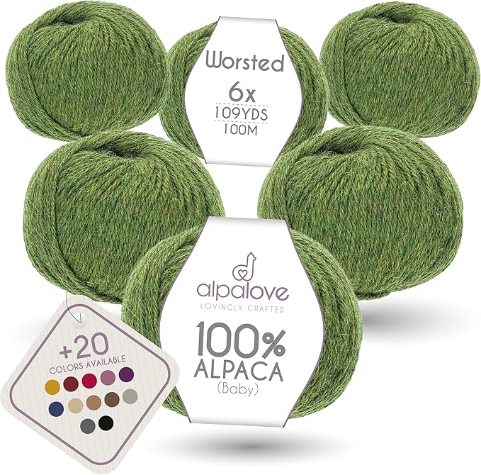 Worsted Set (6 x 1.75 oz) Super Soft Baby Alpaca Knitting Yarn Middle Green 656 Yards
