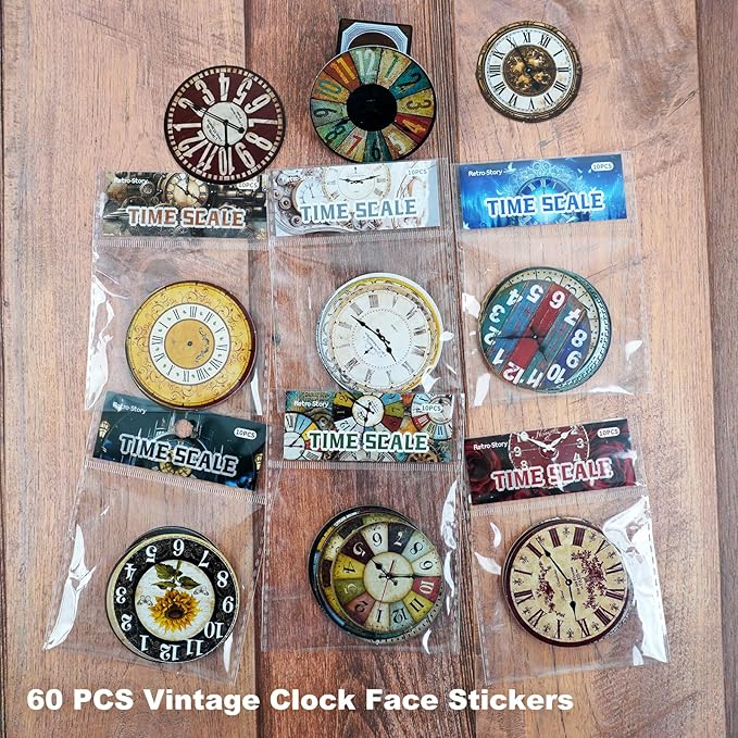 Vintage Time Dial Stickers – 60pcs Retro Clock Pattern Cardstock Stickers with Roman Numerals, Pre-Cut Self-Adhesive for Scrapbook, Junk Journal, Planner and DIY Collage