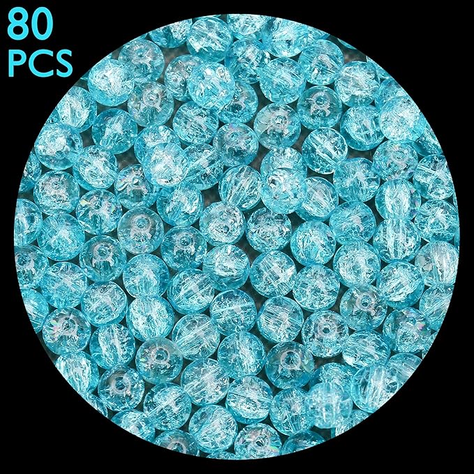 80PCs 10mm Blue Crackle Glass Beads Bulk, Round Smooth Hole Glass Crystal Beads for Jewelry Making, DIY Bracelets, Necklaces, Bag Charms, Keychains and Craft Projects