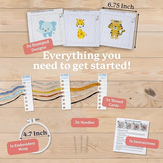 kraftex floral stamped cross stitch kits for beginners - 3 pack. diy embroidery needlepoint patterns for adults. easy cross stitch kits for beginners (zoo creatures)