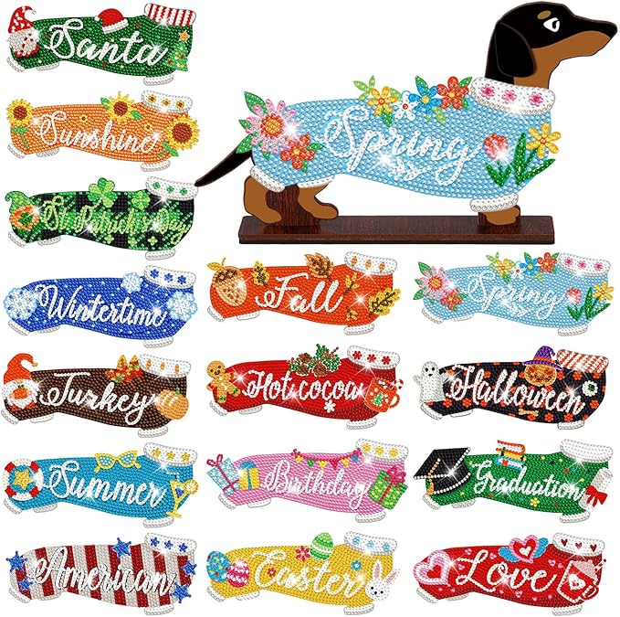 Briwooody 17 Pcs Interchangeable Seasonal Diamond Art Set for Adults Wooden Dachshund Diamond Painting Calendar 2026 Centrepieces for Holiday Spring 4th of July Summer Table Decor Accessories