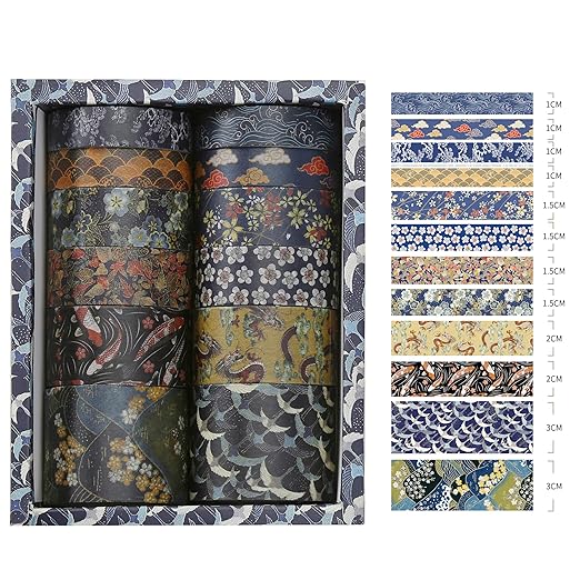 12 Rolls Kyoto Charm Washi Tape Set Japanese Arts Adhesive Tapes Geometric Garden Decorative Masking Tape Sets for Craft, Kids, Scrapbook, DIY, Gift Wrapping (Cerulean Showa)