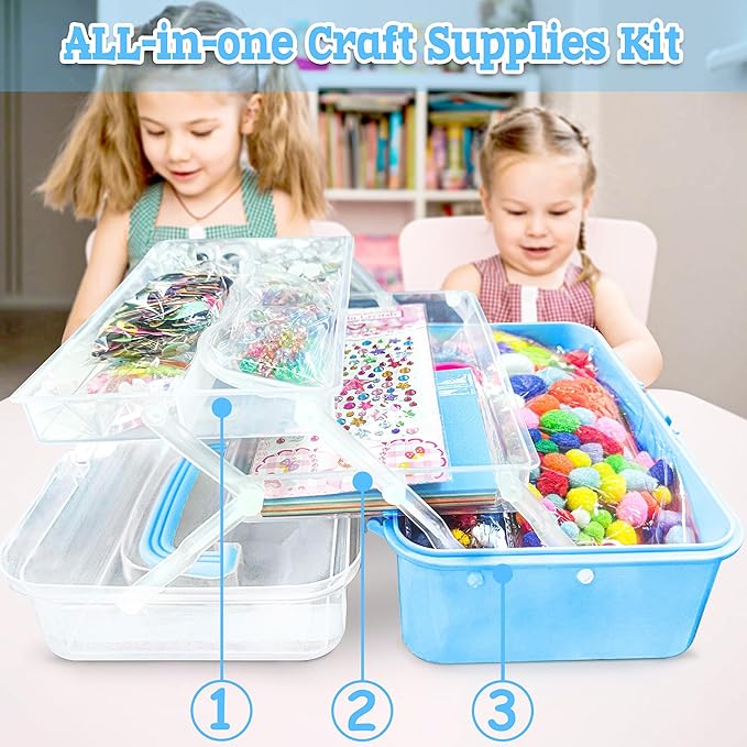 LINAYE 3000PCS Arts and Crafts Supplies for Kids, DIY Craft Box Kits, Craft Supplies Set Include Pompoms, Pipe Cleaners for Kids Ages 4-6 6-8 Birthday for Boys Girls Blue