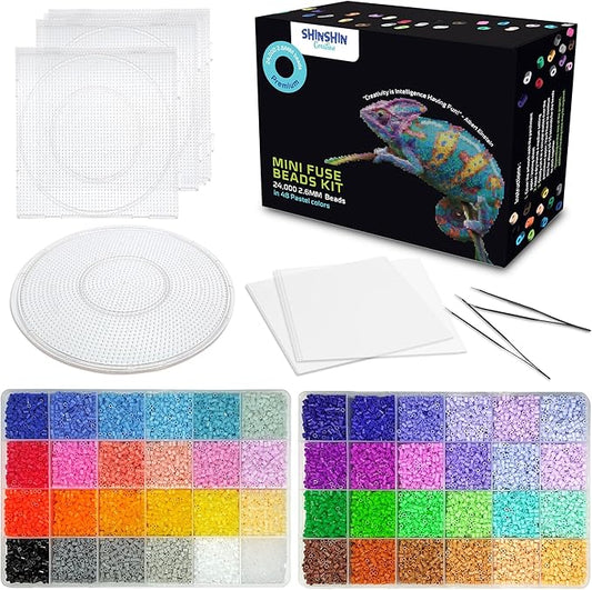 shinshin creation 24,000 mini 2.6mm fuse beads kit for adults - 48 vivid pastel colors, 5 pegboards, 2 tweezers - compatible with hama, melty beads, iron beads craft - bulk storage