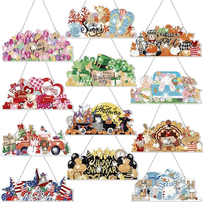 Cinnvoice 12 Pcs Seasonal Diamond Art Wreath Kits Holiday 5d DIY Diamond Art Hanging Signs Winter Spring Ornaments for Wall Door Decoration(Novel)