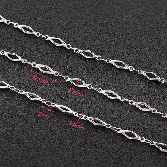YOUBEIYEE 13 Feet Stainless Steel Chain for Jewelry Making Hollow Rhomboid Link Chain Necklace DIY for Women and Men Jewelry Making Chains Bulk