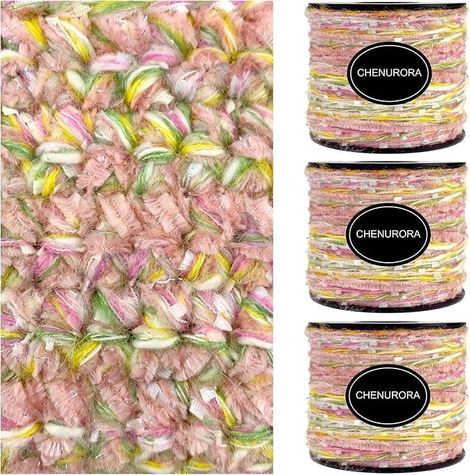 Artisanal Yarn Collection Multifiber Multicolored Fancy Yarn with Subtle Shimmering Threads for Knitting Crocheting Crafts DIY, Set of 3 Rolls (Spring Pink)