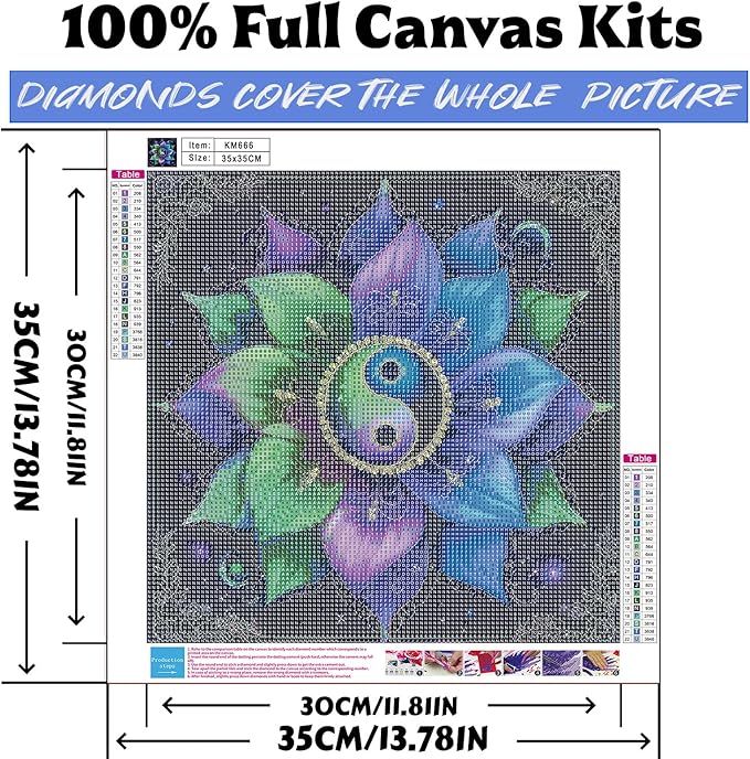 Diamond Art Kits for Adults Yin Yang Flowers, DIY 5D Diamond Painting Kit for Beginners, Tai Chi Full Round Drill Gem Art Dots for Adults, Diamond Dots Paintings Crafts Home Wall Decor 14X14 Inch