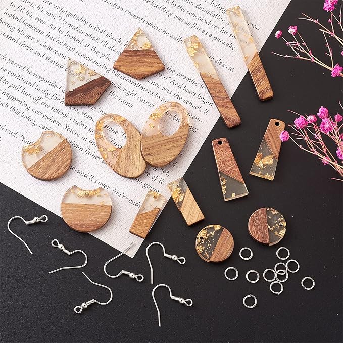 Beadthoven 60pcs Resin Wood Charms Earring Pendants Making Kit Gold Earring Charms DIY Boho Wood Blanks Rectangle Round Teardrop Geometry Resin Wooden Pieces for Jewelry Making with Earring Hooks
