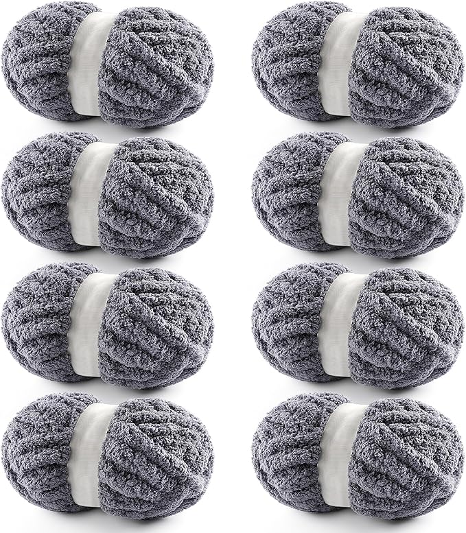 8 Pack Chunky Yarn for Hand Knitting - Chunky Chenille Blanket Yarn for Crocheting - Jumbo Fluffy Yarn for Crochet - Super Bulky Yarn 25 yds 7.7 oz Each Skein (Dark Gray)