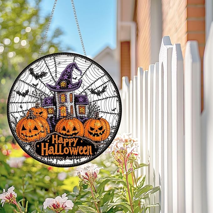 Wergund 5D DIY Halloween Diamond Art Hanging Kits, Hanging Diamond Art Pumpkin, Acrylic Special Shaped Rhinestone, Window Hanging Pendants for Home Wall Garden Front Door Outdoor Decor Gift(Halloween)
