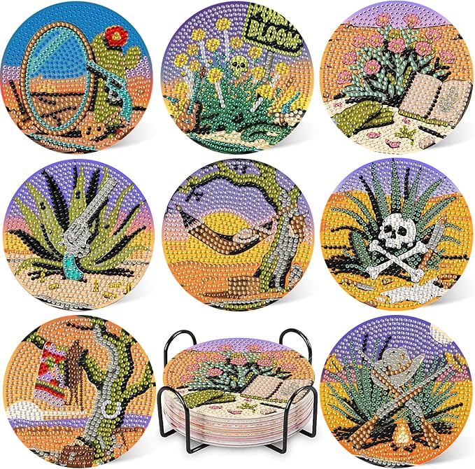 8 Pcs Desert Diamond Art Coaster Kits with Holder,Diamond Painting Coasters for Adults Beginners,Home Decor Abstract,Fun Gifts for Women