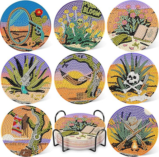 8 Pcs Desert Diamond Art Coaster Kits with Holder,Diamond Painting Coasters for Adults Beginners,Home Decor Abstract,Fun Gifts for Women