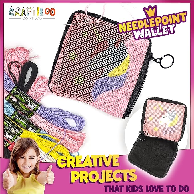 CRAFTILOO Needlepoint Kit for Kids — Beginner Cross Stitch Sewing Kit with Pre Printed Canvas, Easy Embroidery Arts and Crafts Starter Set for Girls and Boys Ages 6-12 (Unicorn)