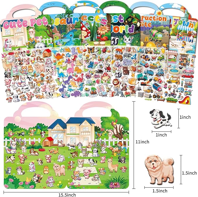 kalysky 6 set reusable sticker books for toddlers 1-3 2-4, kids 3d puffy stickers (dinosaurs, forest, town, pets, construction, insects), sticker activity books