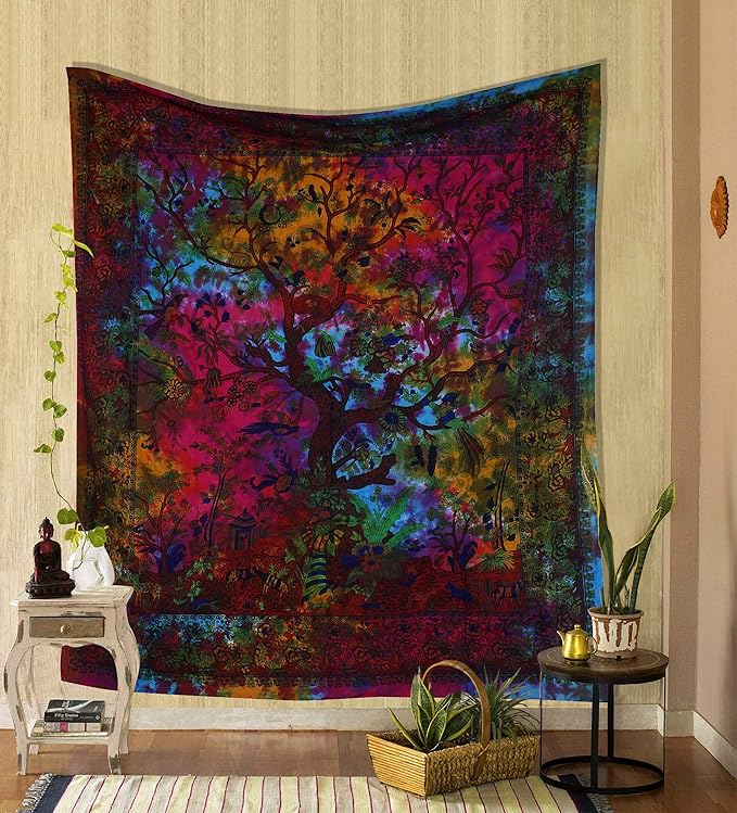 the art box tapestry rainbow tree of life wall hanging – indian cotton twin bedspread, picnic sheet, wall decor, blanket, wall art for bedroom (twin, 82x54 inch)