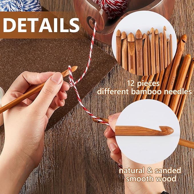 Patelai 7 x 7 x 3 Inch Wooden Yarn Bowls for Crocheting Round Knitting Wool Storage Yarn Bowl Handmade with Holes 12 Pieces Crochet Hooks for Knitting DIY Crafts Tools(Dark Brown)