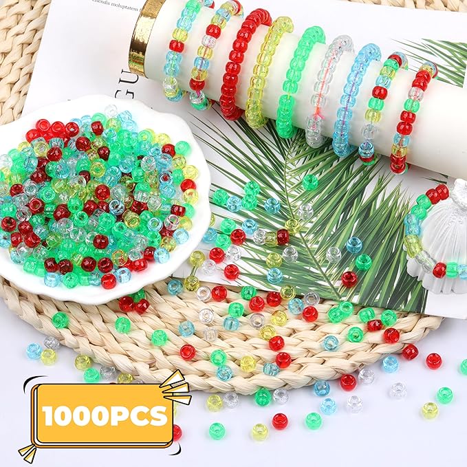 Glitter Pony Beads 1000 Pcs for Friendship Bracelets, Hair Braiding, Necklace, Earrings - 6x9mm Large Hole Plastic Transparent Glittering Beads for Jewelry Making