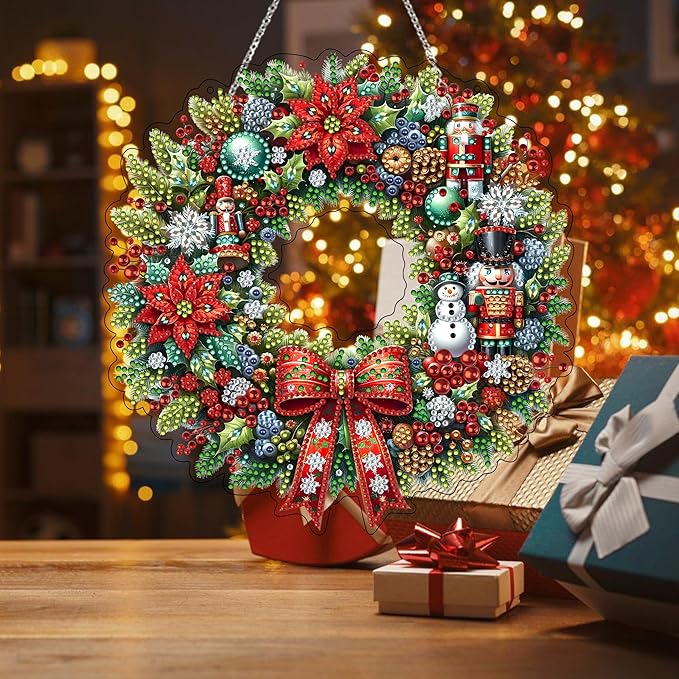 JJFox Diamond Art Hanging Kit for Adult,Special Shaped Rhinestone,Double Sided DIY Acrylic Diamond Art Painting Window Pendants Home Garden Wall Hanging Kits Hanging Ornament (Christmas Wreath)