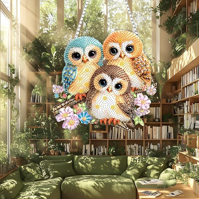 Lxmsja DIY 3 Cute Owls Diamond Painting Hanging Ornament, Double-Sided Acrylic Pink Flowers Diamond Art Kit, Special Shaped Suncatcher Hanging Pendant Window Art Kit 8x8 inch