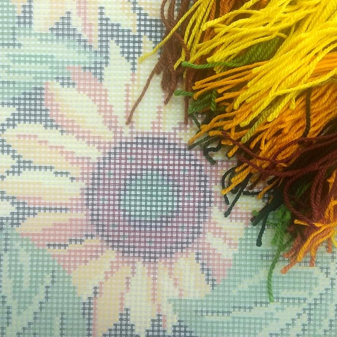 Brvsk Floral Embroidery Kit for Adults and Beginners — Sunflowers 16″ × 16″ with Clear, Precise Printed Design on Cotton Canvas; Includes 2 Needles, Yarn, and Easy-Read Chart