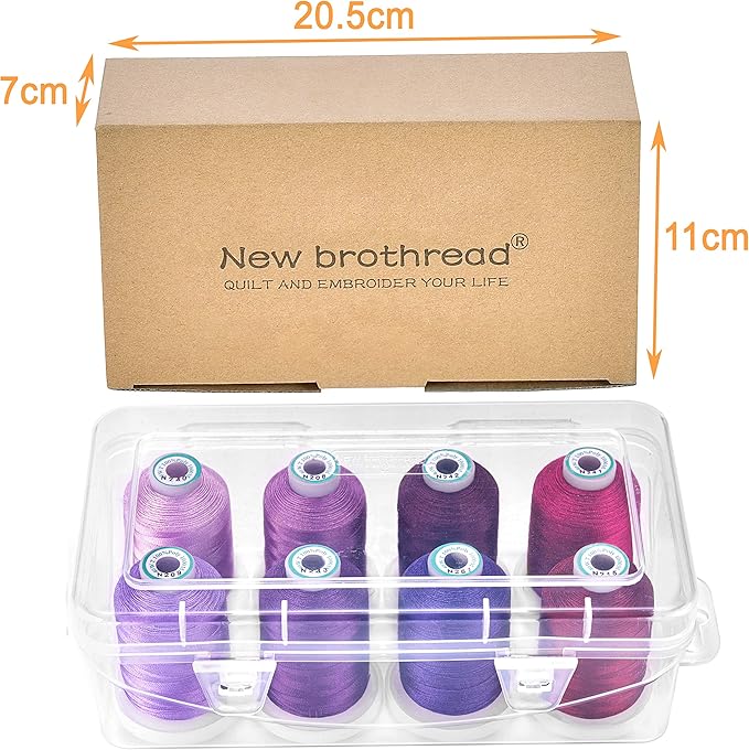 New brothread - 20 Options - 8 Snap Spools of 1000m Each Polyester Embroidery Machine Thread with Clear Plastic Storage Box for Embroidery & Quilting - Different Purple