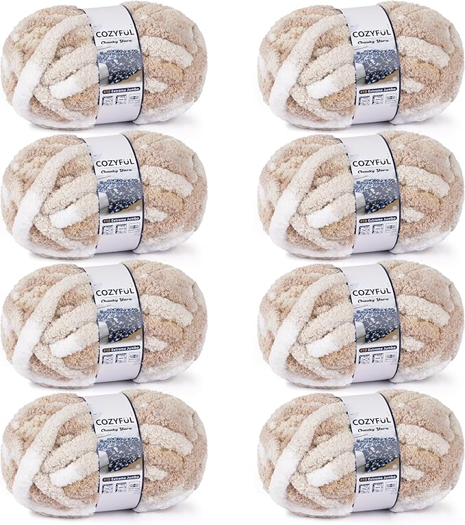 Chunky Yarn for Hand Knitting - #10 Chunky Chenille Blanket Yarn, Jumbo Big Thick Chunky Yarns for Crocheting, Tie Dye Bulky Knit Yarns, 8 Skein (25 yds 8 oz Each Skein), White & Khaki & Beige