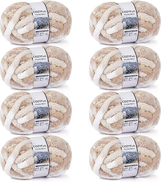 Chunky Yarn for Hand Knitting - #10 Chunky Chenille Blanket Yarn, Jumbo Big Thick Chunky Yarns for Crocheting, Tie Dye Bulky Knit Yarns, 8 Skein (25 yds 8 oz Each Skein), White & Khaki & Beige