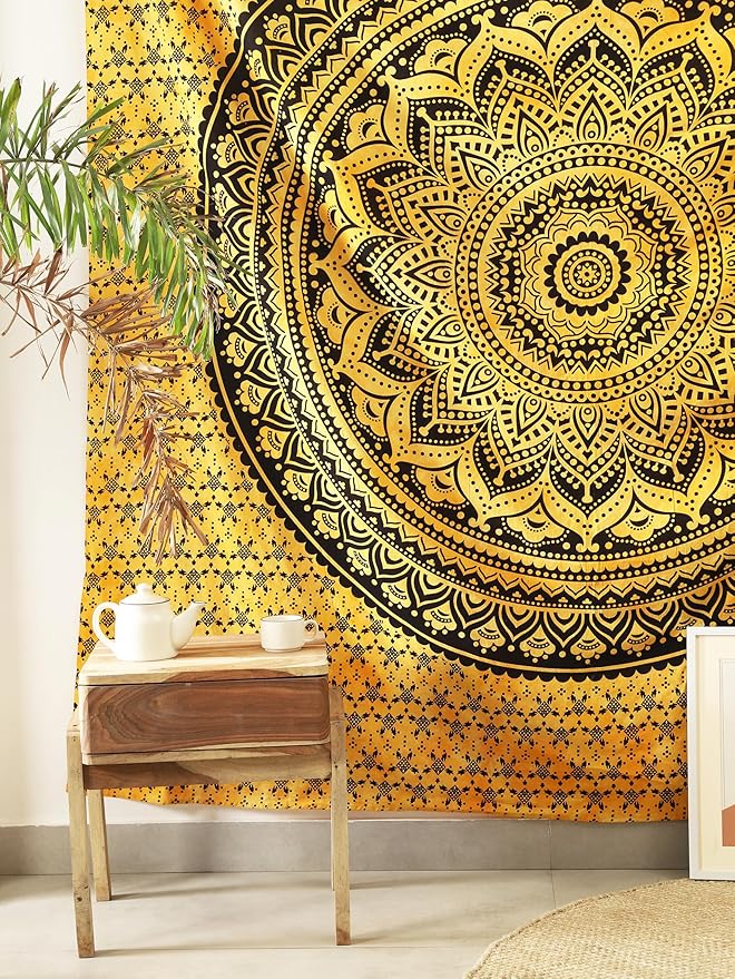 popular handicrafts queen mandala hippie tie dye psychedelic ombre tapestry wall hanging - indian maditation gypsy bohemian hippy dorm room decor yellow 81x88 inch