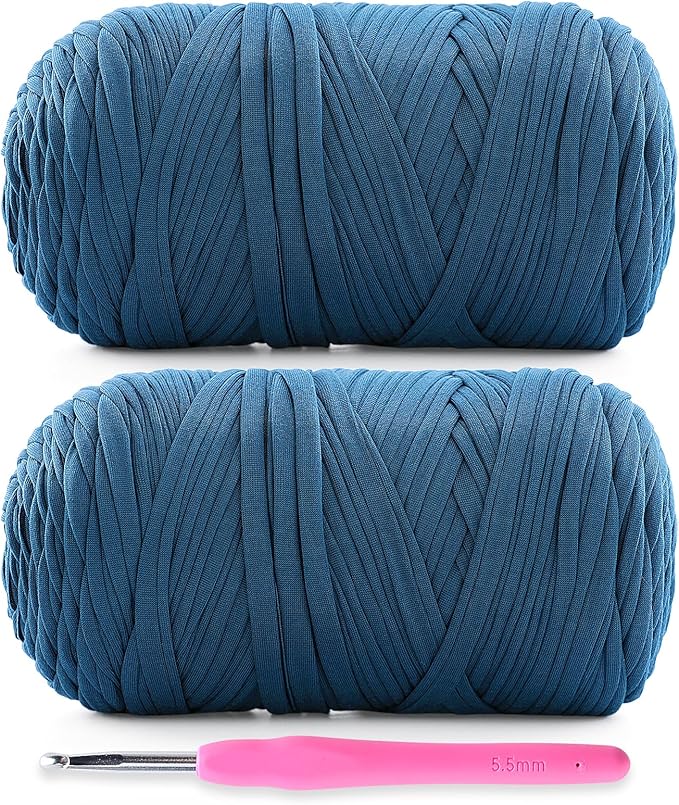 2 Pack Soft T-Shirt Yarn for Crochet, T Shirt Yarns for Crocheting Crafts, Bags, Basket, Coaster, Tshirt Yarns - 800 G/260 Yds with 1 Crochet Hook (2, Denim Blue)