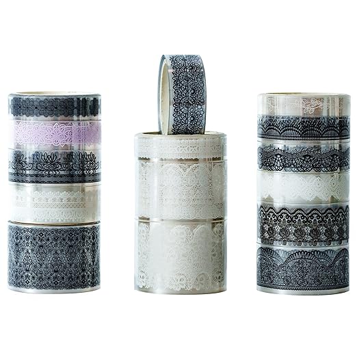 15 Rolls Lace Patterns PET Tapes Floral Arts Decorative Tape Set Adhesive Transparent Masking Tapes for DIY Craft, Kids, Scrapbook, DIY, Gift Wrapping, Journal (3-Twilight Lace)