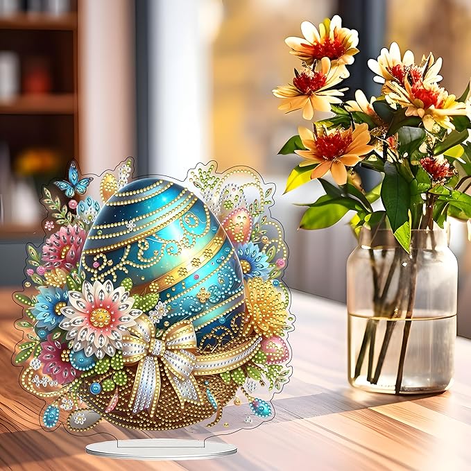 JJFox DIY Tabletop Diamond Art Painting Kit，Desktop Ornament Special Shaped Rhinestone Desk Placement Ornament，Home Stand Up Gem Painting Craft Kit Gift Double Sided (Easter Egg)