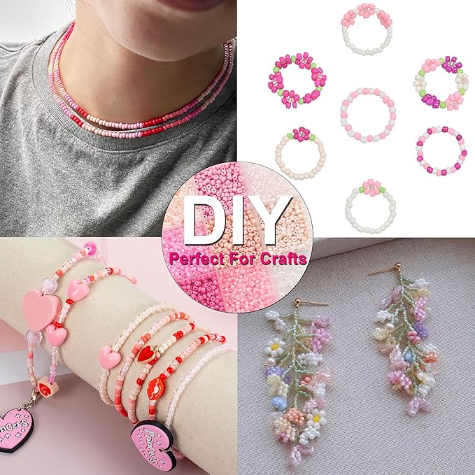 24 Grids Pink Colored Glass Seed Beads Kit for DIY Jewelry Making - Handmade Craft for Friendship Bracelet Necklace, with Heart Pendant, Letter Beads and Elastic line