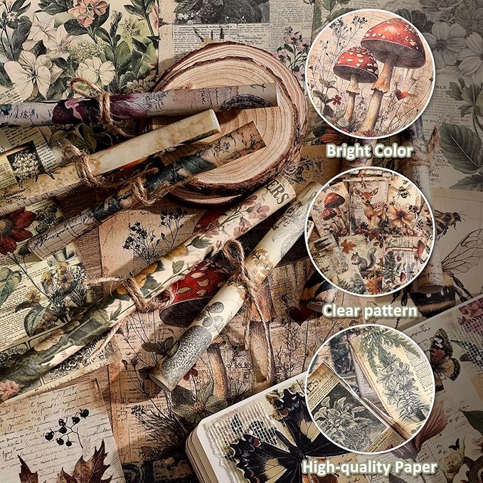 120 Sheets Vintage Botanical Scrapbook Paper Set, Journaling Scrapbooking Supplies Craft Decoupage Papers Kit, 4 Themes x 30 Mushroom Floral Antique Letter Design for Junk Journals Collage Card Making