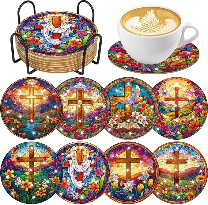8 Pcs Cross Diamond Art Coasters Kit with Holder and Cork Pads, DIY Christian Diamond Painting Coasters for Adults Beginners, Religious Crafts for Home Decor or Gift