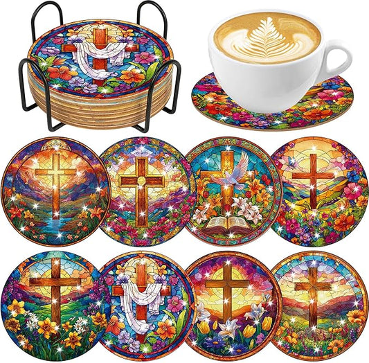 8 Pcs Cross Diamond Art Coasters Kit with Holder and Cork Pads, DIY Christian Diamond Painting Coasters for Adults Beginners, Religious Crafts for Home Decor or Gift
