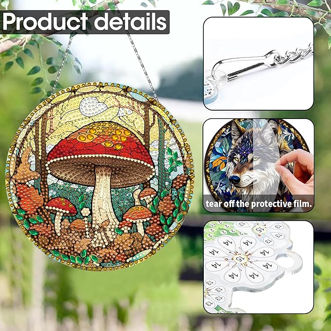 SKRYUIE Mushroom Hanging Diamond Art Kits for Adults Pendant Suncatcher, Special Shaped Crystal DIY Pearl Diamond Painting Kit, Gift for Mother Spring Summer Window Wreath Decor 7.64 x 7.64 Inch A7