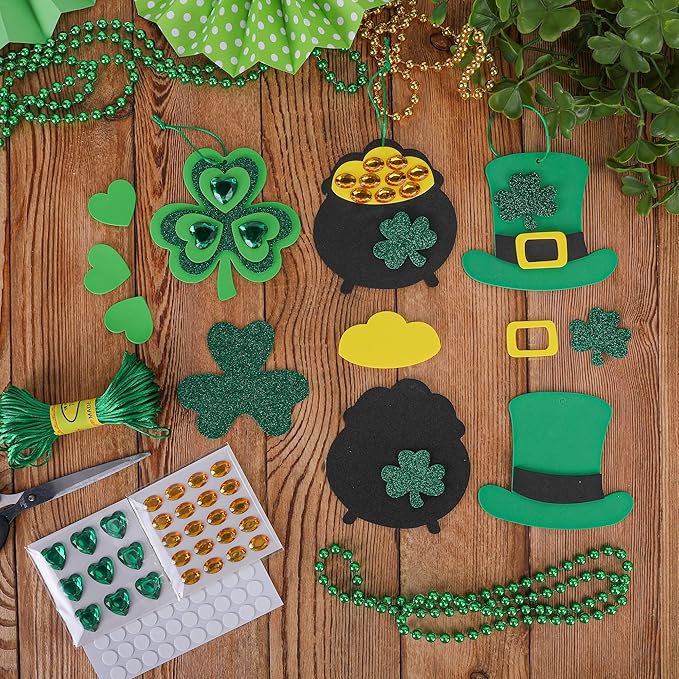Tlswshsy 24 Pack St. Patrick's Day Rhinestone Foam Craft Kit, Shamrock Gold Coin Pot Hat DIY Ornament, Irish Foam Craft Decoration for Irish Home Party Decoration Supplies Classroom Crafts Project