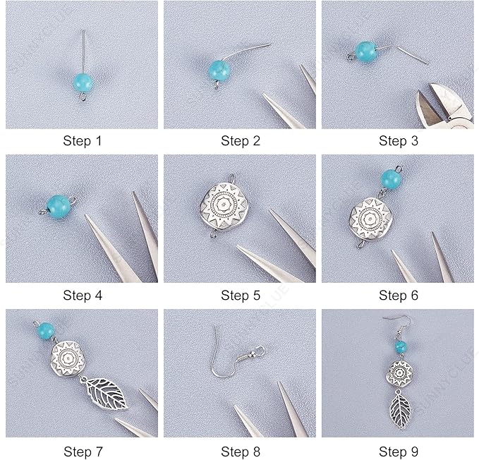 SUNNYCLUE 1 Box DIY 10 Pairs Vintage Style Chandelier Charms Hollow Leaf Charm Earring Making Kit Synthetic Turquoise Beads Feather Charms for Jewelry Making Flower Shape Teardrop Charm Adult Craft