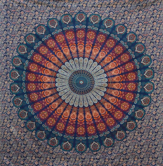 bless international handmade indian hippie bohemian psychedelic peacock mandala wall hanging college dorm beach throws table cloth bedding tapestry (golden blue, twin(54x72inches)(140x185cms))
